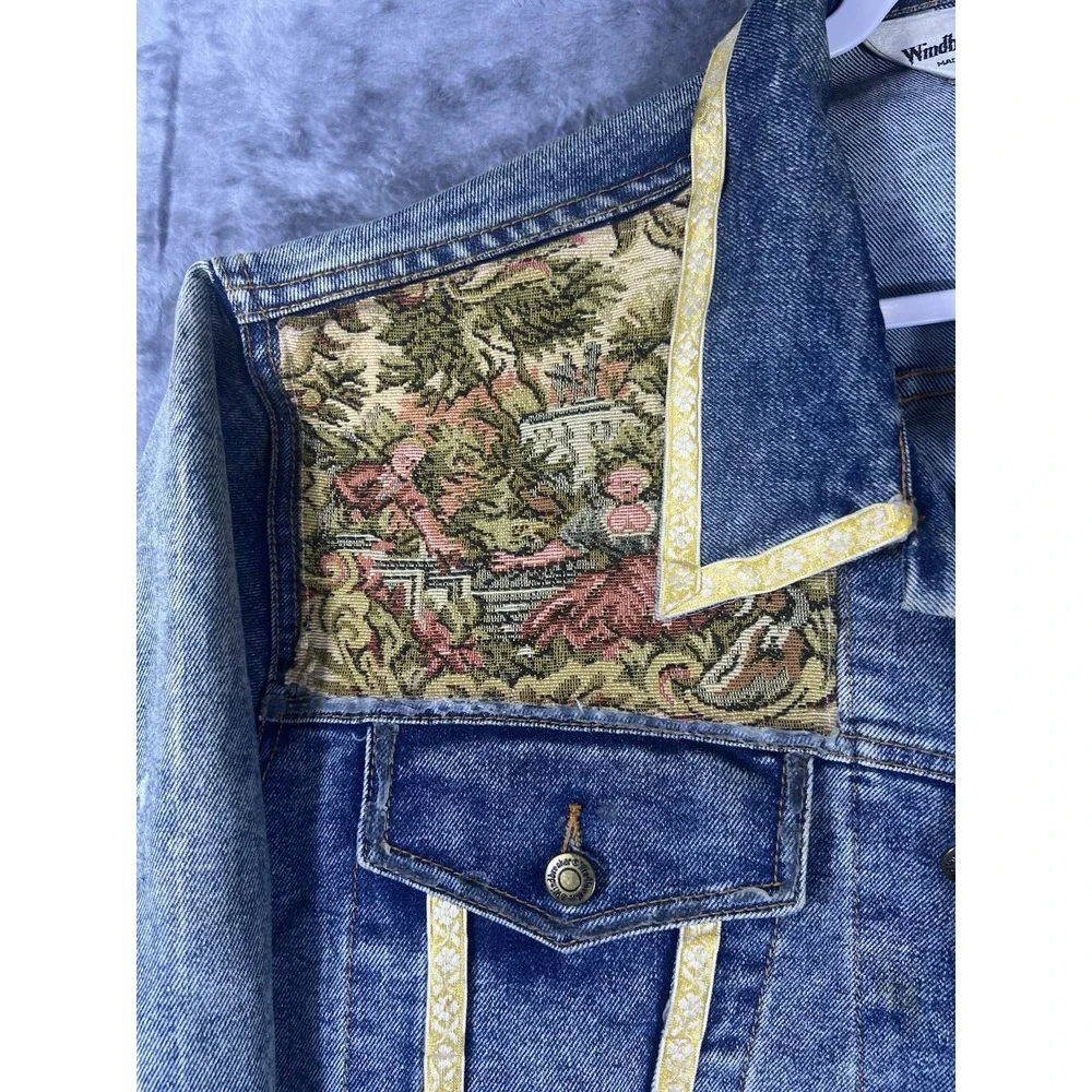Windbreaker Vintage Denim Jacket XL Tapestry Panels Acid Wash Blue Yellow Trim
